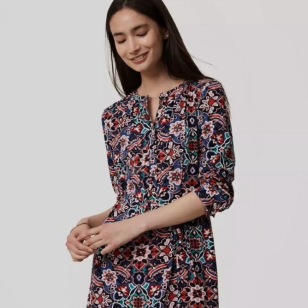 LOFT Mini Floral Petite Long Sleeve Stained Glass Shirt Dress Size XS Petite